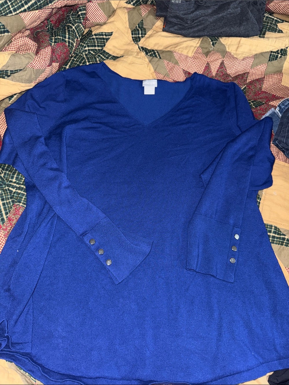 Chico's Royal Blue V-Neck Sweater with Button Cuffs